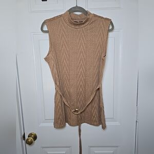 Adrienne Vittadini Tan Sleeveless Tie Accent Light Weight Tunic Med NWT